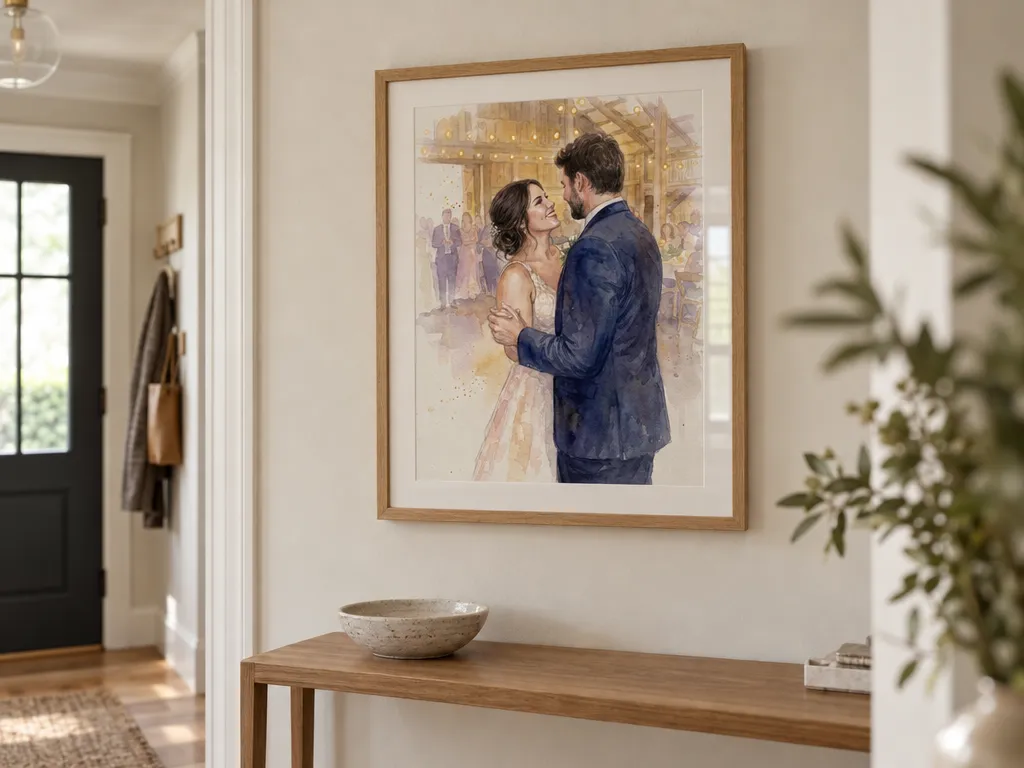 Watercolor of a first dance in an oak frame above a hallway console