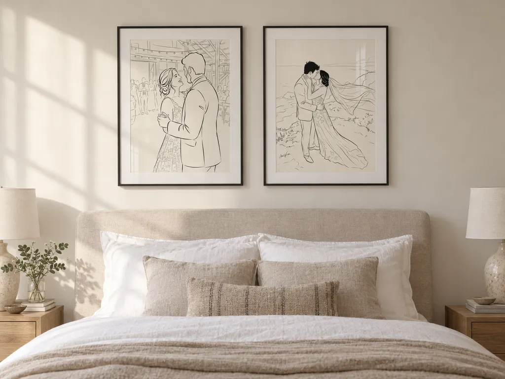 Two line art wedding portraits in black frames above a bed with white linen
